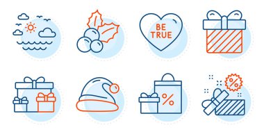 Doğru söyle, sürpriz kutular ve Noel işaretleri. Satış, Noel Baba şapkası ve sürpriz hat simgeleri hazır. Alışveriş, seyahat eden deniz sembolleri. Hediye kutusu, Noel. Tatil ayarlandı. Taslak simgeleri ayarlandı. Vektör