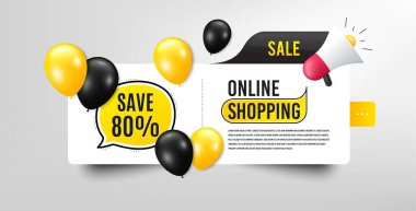 % 80 indirim yap. Balonlu pankart. İndirimli fiyat tabelası. Özel teklif sembolü. Konuşma balonu megafonu. İnternetten balonlu alışveriş afişi. İndirimli terfi. Vektör