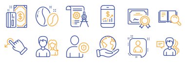 İş ikonları, Ödeme, Geliştiriciler sohbeti gibi. Sertifika, gezegeni kurtar. Sürüklenme, güvenlik, çift. Bölme belgesi, kahve çekirdekleri, insanlar. Mobil finans, Arama Kitabı simgeleri. Vektör