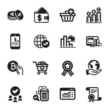 Azalan grafik, Dünya istatistikleri gibi bir dizi Finans simgesi. Sertifika, onaylı grup, gezegeni kurtarma. Satın alma, ürün ve grafik tablosu ekle. Hesap, internet trafiği, cüzdan. Vektör