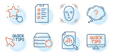 Analitik grafik, sıralama yıldızı ve yüz tanıma işaretleri. Kurtarma sunucusu, Hızlı ipuçları ve soru işareti simgeleri ayarlandı. Kontrol listesi, web öğretim sembolleri. Yedek veriler, faydalı numaralar. Vektör