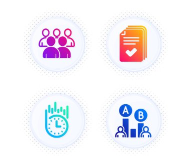 Hızlı teslimat, dağıtım ve grup simgeleri basit. Yarım tonlu noktalı düğme. Ab testi işareti. Kronometre, Belgeler, Geliştiriciler. Test çizelgesi. Teknoloji hazır. Vektör
