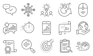 Teknoloji simgeleri kümesi, parşömen aşağı, hedef yol gibi. Diploma, fikirler, gezegeni kurtarmak. Mutfak zamanlayıcısı, 360 derece, lojistik ağı. Grafik telefon, Seo istatistikleri, arama analizleri. Vektör