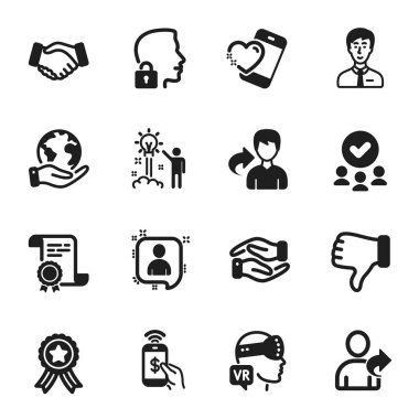 İş adamı gibi bir takım ikonlar, arkadaş anlamına gelir. Sertifika, onaylı grup, gezegeni kurtarma. Yardım eli, Heart, telefon ödemesi. Elin aksine, kilidi aç, geliştiricilerin sohbeti. Vektör