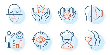Ranking, Eye target and Safe time signs. Face id, Cooking chef and Heart line icons set. Face recognition, Employees wealth symbols. Phone scanning, Sous-chef. People set. Outline icons set. Vector clipart