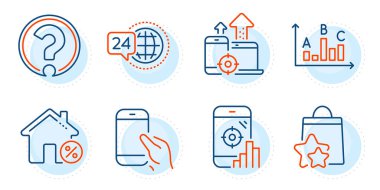 Seo telefonu, soru işareti ve 24 saat hizmet işareti. Borç evi, Seo cihazları ve sadakat noktaları çizgisi simgeleri ayarlandı. Akıllı telefon, anket sonuçları sembolleri gösteriyor. İndirim yüzde, mobil istatistikler. Vektör