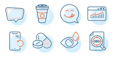Lezzetli gülümseme, Sohbet mesajı ve Smartphone kurtarma işaretleri. Seo dosyası, paket kahve ve web sitesi istatistik satırı simgeleri ayarlandı. Tıbbi ilaçlar, Göz sembolleri düşürür. Arama belgesi, sıcak latte içeceği. Vektör