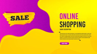 Satış rozeti. İndirimli pankart şablonu. İndirimli afiş şekli. Kupon etiketi ikonu. Özel teklifli yaratıcı konuşma balonu. Online alışveriş konsepti, tırnak içinde ve düğmeli. Satış etiketi promosyonu. Vektör