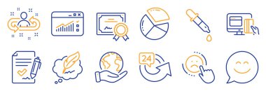 İşe alım, onaylanmış anlaşma gibi bir dizi iş ikonu. Sertifika, gezegeni kurtar. Gülümseme sohbeti, online ödeme, 24 saat. Telif hakkı sohbeti, Sevmeme, Kimya pipeti. Vektör