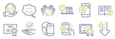 Tıbbi telefon, sertifika gibi iş simgeleri. Sertifika, gezegeni kurtar. Gülümse, Gerçekler, Enerji Düşüşleri. Onaylandı, akıllı telefon bekletme, 24 saat hizmet. Vektör