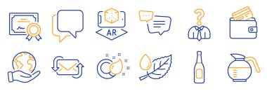 Kahve cezvesi, işçi kiralama gibi iş ikonları. Sertifika, gezegeni kurtar. Tazeleyici posta, bira, boya fırçası. Baloncuk, Yaprak çiğ, Arttırılmış Gerçeklik. Vektör