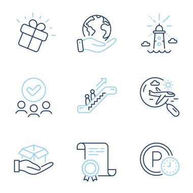 Hediye, yürüyen merdiven ve park zamanı simgeleri ayarlandı. Diploma sertifikası, gezegeni kurtarmak, bir grup insan. Kutu, arama uçuşu ve deniz feneri işaretleri. Pazarlama kutusu, asansör, park saati. Vektör