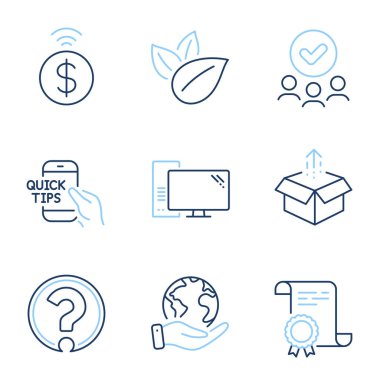 Temassız ödeme, organik ürün ve bilgisayar çizgisi simgeleri ayarlandı. Diploma sertifikası, gezegeni kurtarmak, bir grup insan. Kutu, Eğitim ve Soru işareti gönder. Vektör