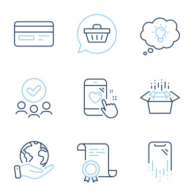 Akıllı telefon kurtarma, alışveriş arabası ve paket kutusu çizgisi simgeleri hazır. Diploma sertifikası, gezegeni kurtarmak, bir grup insan. Kalp atışı, Enerji ve Kredi kartı tabelaları. Vektör