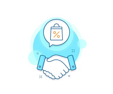 Süpermarket satın alma tabelası. Tokalaşma kompleksi simgesi. İçinde yüzde simgesi olan bir alışveriş torbası. Satış ve İndirim sembolü. Anlaşma el sıkışma afişi. Alışveriş poşeti tabelası. Vektör