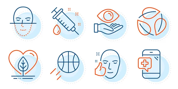 Medical phone, Health eye and Leaves signs. Local grown, Basketball and Face recognition line icons set. Healthy face, Medical syringe symbols. Organic tested, Sport ball. Healthcare set. Vector