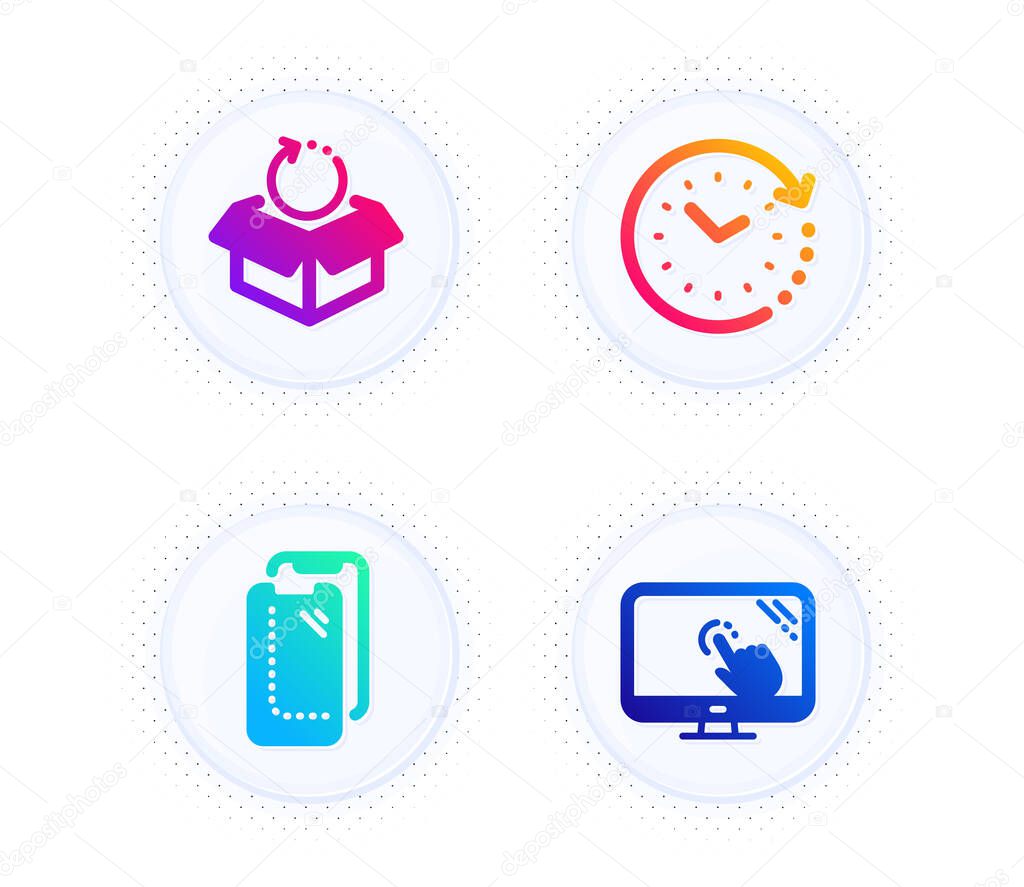 Smartphone glass, Return package and Time change icons simple set. Button with halftone dots. Touch screen sign. Phone protect, Exchange goods, Clock. Web support. Technology set. Vector