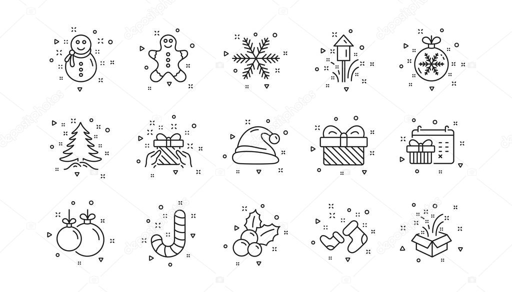 Santa hat, Snowflake and Gift box. Christmas line icons. New year linear icon set. Geometric elements. Quality signs set. Vector