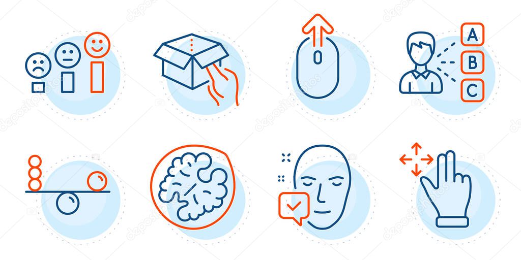Walnut, Move gesture and Face accepted signs. Swipe up, Customer satisfaction and Opinion line icons set. Balance, Hold box symbols. Scrolling page, Happy smile chart. Business set. Vector