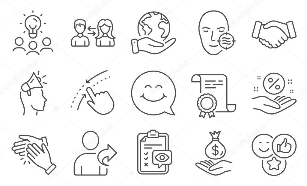 Set of People icons, such as Brand ambassador, Eye checklist. Diploma, ideas, save planet. Smile face, Income money, Like. Problem skin, Handshake, Refer friend. Vector