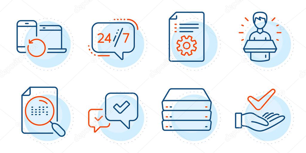 Search file, Brand ambassador and Recovery devices signs. Approve, Servers and Dermatologically tested line icons set. Technical documentation, 24/7 service symbols. Outline icons set. Vector