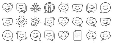 Duygusal konuşma balonu, sosyal medya mesajı, dilinle gülümse. Lezzetli gülümseme çizgisi simgeleri. Lezzetli yemekler, emoji yüz simgeleri yiyor. Lezzetli bir konuşma balonu, mutlu bir ifade. Vektör