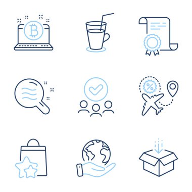 Kutu, Kokteyl ve Cilt Durum Çizgisi simgeleri hazır. Diploma sertifikası, gezegeni kurtarmak, bir grup insan. Sadakat puanları, uçuş indirimi ve Bitcoin tabelaları. Vektör