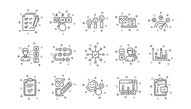 Fikir, müşteri memnuniyeti ve geri bildirim sonuçları. Anket ya da Rapor satırı simgeleri. Doğrusal simge deneniyor. Geometrik elementler. Kalite işaretleri ayarlandı. Vektör
