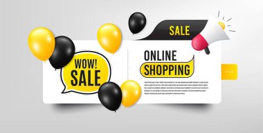 Vay canına. Balonlu pankart. Özel fiyat tabelası. Reklam indirimi sembolü. Konuşma balonu megafonu. İnternetten balonlu alışveriş afişi. Vay canına satış promosyonu. Vektör