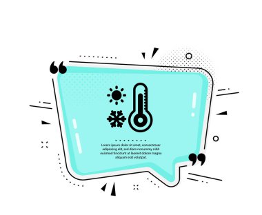 Hava durumu termometre simgesi. Konuşma baloncuğu. Kış kar tanesi, güneş ışığı. Sıcaklık sembolü. Tırnak işaretleri. Klasik hava durumu termometre ikonu. Vektör