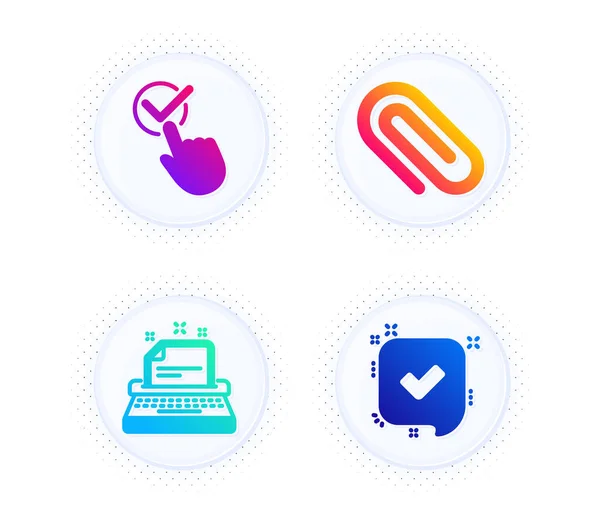 Typewriter Checkbox Paper Clip Icons Simple Set Button Halftone Dots — Stock Vector