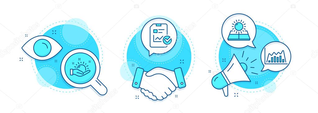 Sun energy, Infographic graph and Sunny weather line icons set. Handshake deal, research and promotion complex icons. Report checklist sign. Solar panels, Line diagram, Hold sun. Vector
