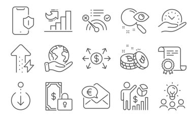 Seo istatistikleri gibi bir dizi teknoloji ikonu, büyüme çizelgesi. Diploma, fikirler, gezegeni kurtarmak. Avro parası, aşağı kaydırma, dolar değişimi. Özel ödeme, arama, güvenli zaman. Vektör