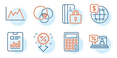 İndirim, Rapor belgesi ve Euler diyagramı işaretleri. Hesap makinesi, Diyagram ve Çevrimiçi kredi hattı simgeleri ayarlandı. Gizli kart, dünya para sembolleri. Muhasebe cihazı, büyüme grafiği. Finans hazır. Vektör