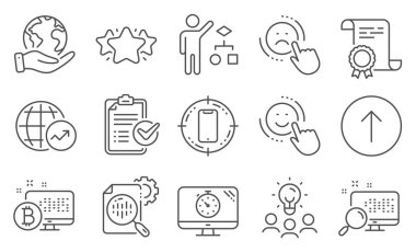 Yıldız, Seo zamanlayıcı gibi bir dizi teknoloji ikonu. Diploma, fikirler, gezegeni kurtarmak. Gülümse, Seo istatistikleri, araştırma listesi. Akıllı telefon hedefi, kaydırma, dünya istatistikleri. Vektör