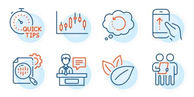 Swipe up, Exhibitors and Candlestick graph signs. Survey, Organic product and Seo stats line icons set. Quick tips, Recovery data symbols. Contract, Leaves. Science set. Outline icons set. Vector clipart