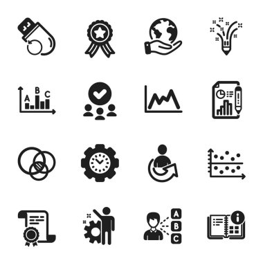 Düşünce, Dot grafiği gibi bir dizi eğitim ikonu. Sertifika, onaylı grup, gezegeni kurtarma. Euler diyagramı, diyagram, Flash hafızası. Anket sonuçları, Paylaşım, Çalışan. Vektör