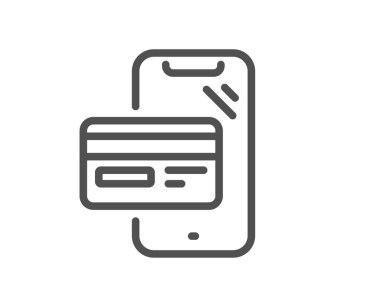 Çevrimiçi alışveriş hattı ikonu. Mobil satın alma tabelası. Kredi kartı satın alma sembolü. Kalite tasarım elemanı. Düzenlenebilir felç. Doğrusal stil online alışveriş ikonu. Vektör