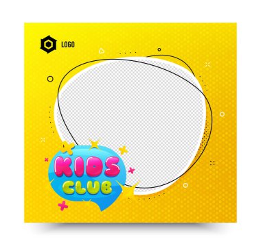 Çocuk kulübü ikonu. Sarı pankart şablonu. Eğlenceli oyun alanı afişi. Çocuk oyunları parti alanı ikonu. Sohbet balonlu sosyal medya afişi. İnternet üzerinden alışveriş şablonu. Çocuk kulübü promosyon balonu. Vektör