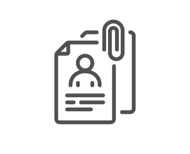 Belge satırı simgesiyle röportaj yap. CV dosya ekleme işareti. Ofis İnsan Kaynakları sembolü. Kalite tasarım elemanı. Düzenlenebilir felç. Doğrusal biçim röportaj belgeleri simgesi. Vektör