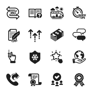Usd para birimi gibi iş simgeleri, hızlı ipuçları. Sertifika, onaylı grup, gezegeni kurtarma. Sıyır, temiz ten, yardım et. 360 derece, konuşma balonu, otobüs yolculuğu. Vektör