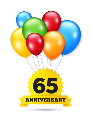 65. Yıl dönümü. Bir sürü balon. 65 yıldır ikonu kutluyoruz. Renkli helyum parti balonları. Doğum günü kutlamanız kutlu olsun. Vektör
