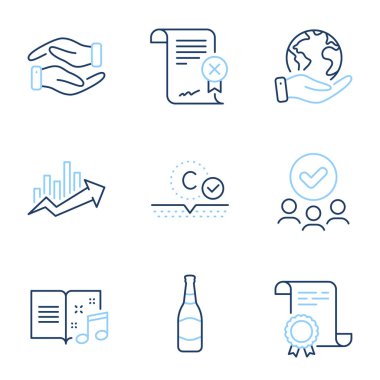 Müzik kitabı, Reddet sertifikası ve el çizgisi simgeleri ayarlanıyor. Diploma sertifikası, gezegeni kurtarmak, bir grup insan. Kolajen derisi, bira şişesi ve büyüme tabelaları. Vektör