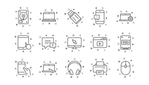 Laptop Ssd Och Hörlurar Enhetslinjeikoner Tryck Linjär Ikon Set Geometriska — Stock vektor
