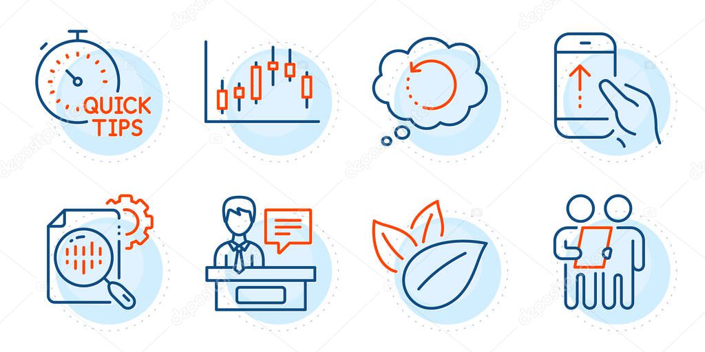 Swipe up, Exhibitors and Candlestick graph signs. Survey, Organic product and Seo stats line icons set. Quick tips, Recovery data symbols. Contract, Leaves. Science set. Outline icons set. Vector
