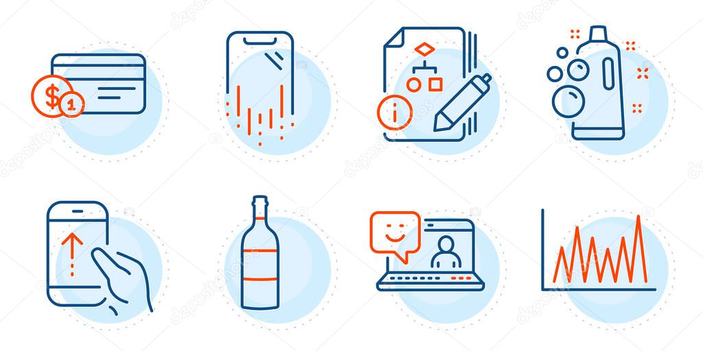 Payment method, Algorithm and Smile signs. Clean bubbles, Wine bottle and Swipe up line icons set. Line graph, Smartphone recovery symbols. Laundry shampoo, Cabernet sauvignon. Business set. Vector