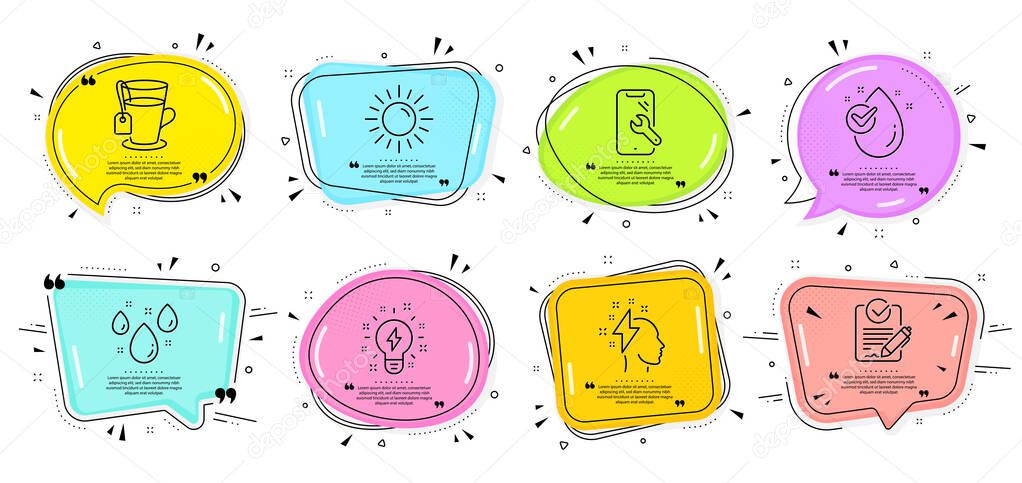 Water drop, Rainy weather and Tea signs. Speech bubbles with quotes. Inspiration, Rfp and Sun line icons set. Brainstorming, Smartphone repair symbols. Creativity, Request for proposal. Vector