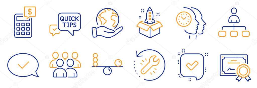 Set of Education icons, such as Startup, Time management. Certificate, save planet. Confirmed, Balance, Approved message. Group, Management, Calculator. Quick tips, Recovery tool line icons. Vector