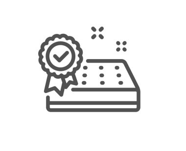 Yatak garantisi çizgi simgesi. Ortopedi işaretini test ettim. Nefes alınabilir uyku yatağı sembolü. Kalite tasarım elemanı. Düzenlenebilir felç. Doğrusal stil yatak garantisi simgesi. Vektör