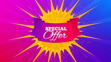 Özel teklif rozeti. İşaret fişeği flaması. İndirimli afiş şekli. İndirim kuponu etiketi ikonu. Gradyan şekil arkaplanı. Tanıtım broşürü tasarımı. Özel teklif terfisi. Vektör